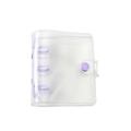 Macro detail of clear PVC mini binder with purple three-ring clip and snap closure - Clear Shell / Purple