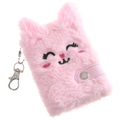 Mini taccuino portachiavi in peluche rosa con gatto ricamato e chiusura metallica - Rosa
