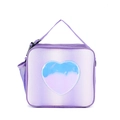 Detail of purple glitter lunch bag featuring laser heart patch and side mesh pocket - Light Purple