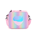 Detail of glitter rainbow lunch bag with heart-shaped holographic panel and pink strap - Pink