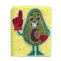 Gros plan d'un carnet en peluche jaune avec un avocat en paillettes et broderie de coeur - Jaune-Avocat d'encouragement