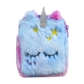 Detailed close-up of plush unicorn crossbody bag with silver horn and star embroidery - Purple