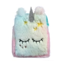 Macro detail of plush unicorn shoulder bag with rainbow gradient faux fur and embroidery - Green
