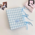 Close-up of blue plaid tweed A5 binder with decorative ribbons and fabric logo - Blue Cover (No Inner Pages)