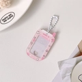 Pink acrylic mini phone-shaped card holder with cute icons and heart cutout - White Bead Chain