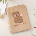 Cute khaki plush iPad sleeve 11 inch with embroidered brown bear and heart design - For 9.7-11 inch Tablets / Brown Bear