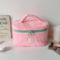 Pink teddy plush makeup bag with mint green zipper and cute bow patch detail - Pink