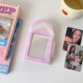 Close-up of pink arched photo card holder with snowflake and ribbon winter design - Pink
