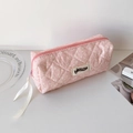 Detail of pink floral quilted pencil case with ribbon zipper and hisocute label - Pink (Floral Style)