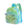 Detail of plush tie-dye unicorn backpack with silver foil stars and soft faux fur texture - Green