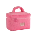 Detailed close-up of pink plush cosmetic bag with metal ring zippers and top handle - Rose Red