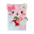 Plush gradient pink cat A5 notebook with bow, cherry detail and silver lock - Tie-dye Multicolor