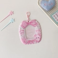 Pink cartoon card holder featuring a heart-shaped window and cute 3D bow design - Pink (Pig Style)
