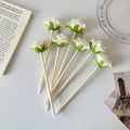 Detail van zeven elegante witte rozenpennen met in zijden lint omwikkelde stelen op de tafel - Wit