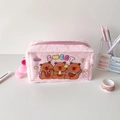 Pochette en peluche rose avec fenêtre transparente, motifs d'ours et détail zip violet - Rose