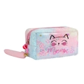 Close-up of plush cat makeup bag with pink sequins, liquid glitter and fluffy tail charm - Tie-dye Multicolor