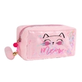 Pink plush cat cosmetic bag with shiny sequins and meow embroidery on white background - Pink