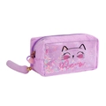 Detailed view of purple plush cat pouch with floating glitter sequins and golden bell charm - Purple