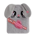 Grey plush rabbit mini notebook set with cute embroidery and matching pink pen - Grey Rabbit