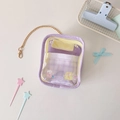 Detail of purple transparent PVC doll display bag with plaid lining and metal chain strap - Purple