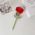 Close-up of red carnation flower pen with green stem on a minimalist desktop setup - Red
