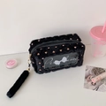 Detail of black plush cosmetic bag with pink hearts, PVC window and tassel zipper - Black