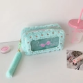 Detail of mint green plush pencil case with transparent window and perfume text - Lake Blue