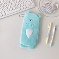 Detail of cute light blue plush bear pencil case with white heart and soft fluffy texture - Blue Bear