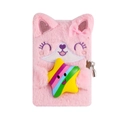 Pink plush A5 notebook with lock featuring a cute cartoon cat and rainbow star - Pink