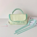 Grand sac à maquillage vert clair et beige avec broderie bleue et fermeture à glissière - Vert (Comprend 2 Rubans)