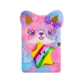 Pink and purple plush A5 cat notebook with gold ears and a rainbow squishy star charm - Tie-Dye Purple