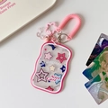 Pink star-themed PVC card holder with a spiral lanyard and various star charms - Rose Red