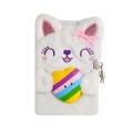 Plush white cat A5 notebook with rainbow squishy heart, lock and keys for girls - White