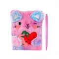 Detail of plush cat notebook showing pink faux fur texture and embroidered cat face - Purple Apple Cat (With Pen)