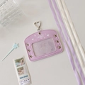 Detail of purple leather photo card holder with silver heart clip and Sweet Love design - Horizontal / Purple