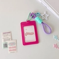Detail of rose pink PU leather card holder with colorful star pendant and braided strap - Rose Red
