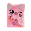 Cute pink plush cat mini notebook set with matching glitter pen for students - Pastel Pink Cat