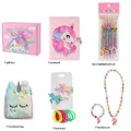 Pink plush unicorn stationery set including notebook, bag, and jewelry in gift box - Unicorn Notebook Set