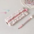 Detailed close-up of pink fabric pencil case with white lace trim and portable strap - Pink
