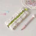 Detailed macro view of sweet lace pencil pouch with green zipper and brand tag - Green