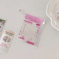 Detail view of a pink PVC card holder with a metal chain and sweet decorative patterns - Pink