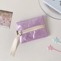 Detail of light purple quilted bow pattern coin purse with elegant ribbon zipper pull - Purple