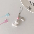 Detail of white flocking puppy pendant with bone charm and silver strap for bags - Bone Puppy Pendant (Rope Version)