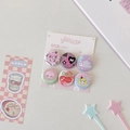 Detailed view of six 25mm cute cartoon badges with cherry and cat pudding patterns - Butterfly & Cherry (6Pcs Set)