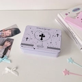 Detail of lavender tin storage box with gothic cross design and checkered patterns - Black and White Cross