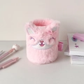 Close-up of pink plush cat-shaped pen holder with embroidered facial features and soft texture - Pink Sheep