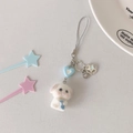 Dettaglio di un simpatico cucciolo di peluche bianco con cuore blu e ciondolo luna - Blu - Stile Cordino