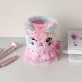Detail of cute rainbow plush cat pencil holder with pink lace and embroidery - Colorful Dress Cat