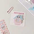 Detail of cute house-shaped acrylic photo card holder keychain with pink ball chain - Pink and Blue Bear