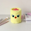 Close-up of cute yellow plush chicken pen holder with embroidery and crown detail - Yellow Chick